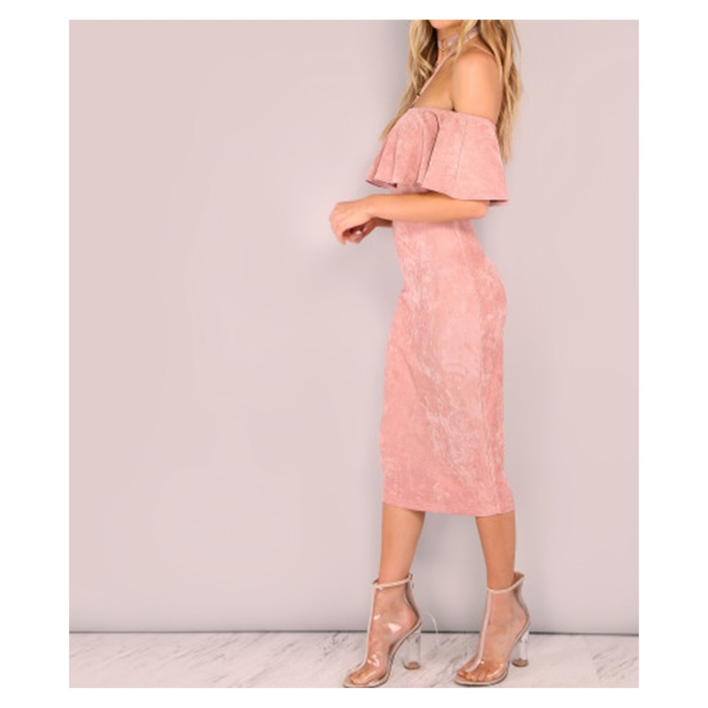 Pink Faux Suede Off the Shoulder Ruffle Midi Dress - Picture 2 of 4